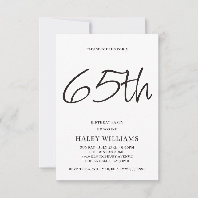 Minimalist Modern Simple Calligraphy 65th Birthday Invitation (Front)