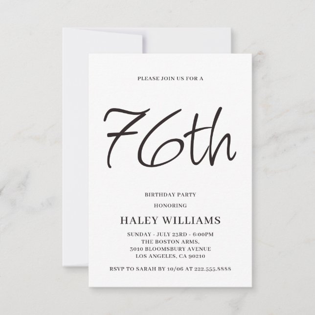 Minimalist Modern Simple Calligraphy 76th Birthday Invitation (Front)