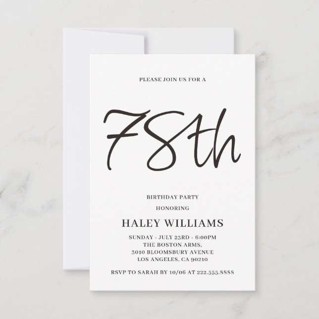 Minimalist Modern Simple Calligraphy 78th Birthday Invitation (Front)