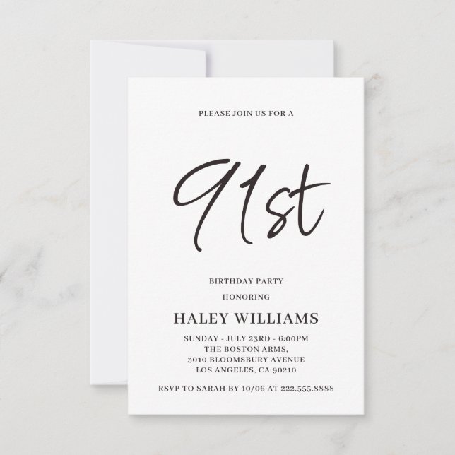 Minimalist Modern Simple Calligraphy 91st Birthday Invitation (Front)