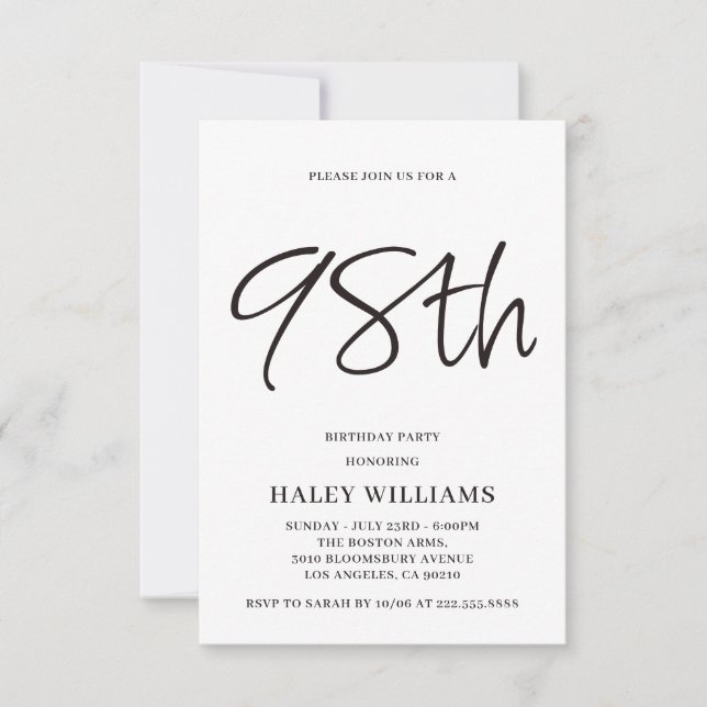 Minimalist Modern Simple Calligraphy 98th Birthday Invitation (Front)