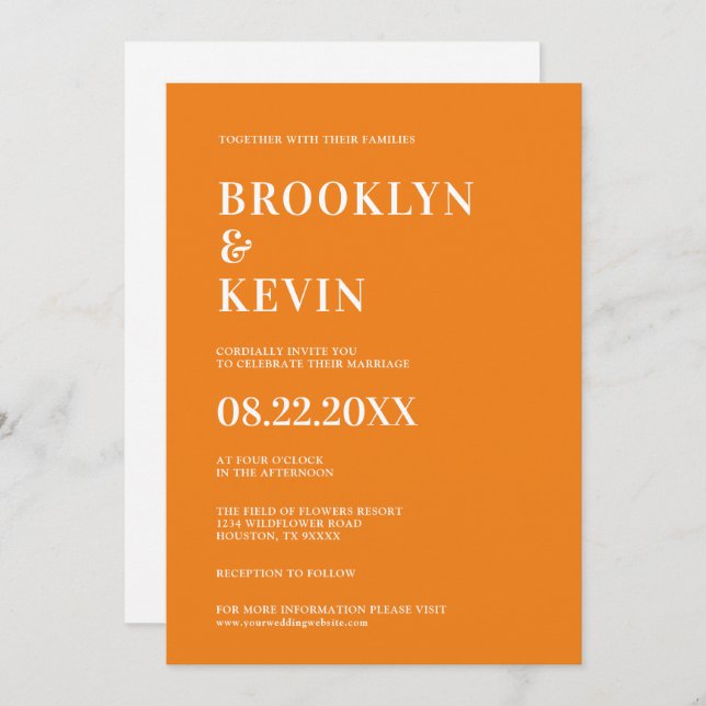 Minimalist Modern Simple Orange Wedding Invitation (Front/Back)