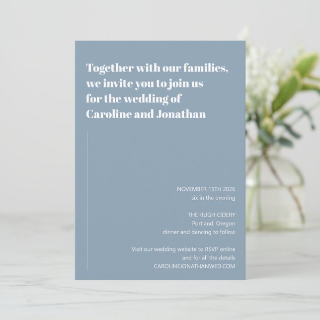 Minimalist Modern Simple Wedding Dusty Blue Invitation (Standing Front)