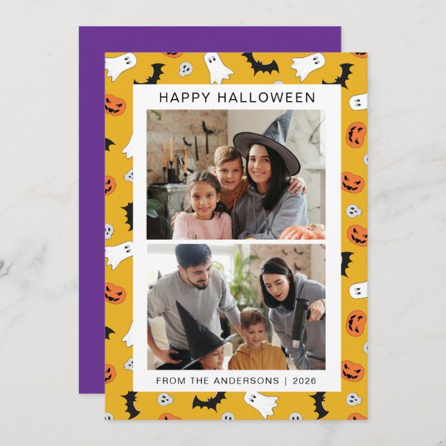 Minimalist Modern Spooky Happy Halloween 2 Photo Holiday Card (Front/Back)