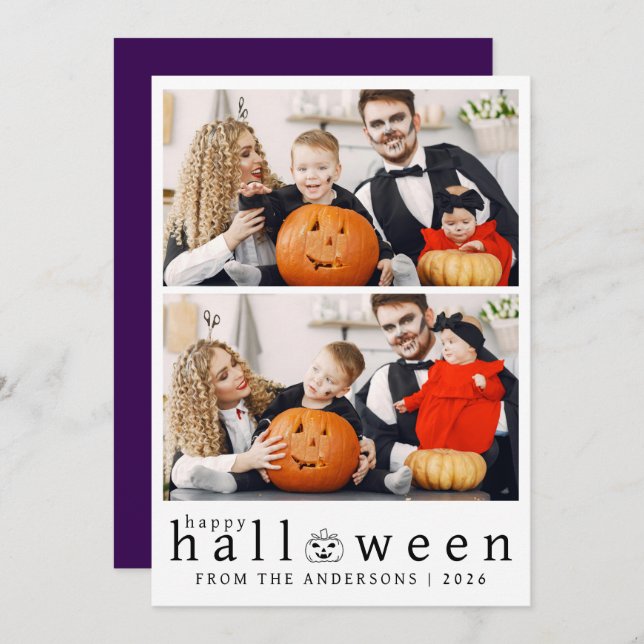 Minimalist Modern Spooky Happy Halloween 2 Photo Holiday Card (Front/Back)