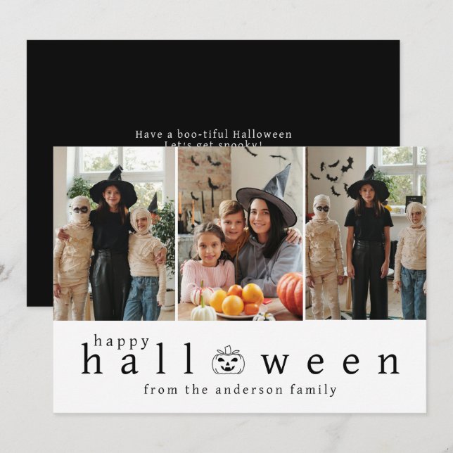 Minimalist Modern Spooky Happy Halloween 3 Photo Holiday Card (Front/Back)