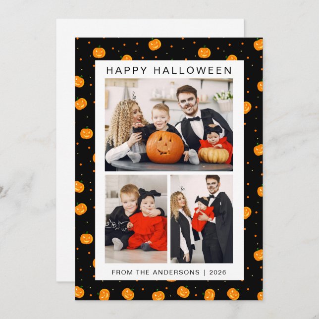 Minimalist Modern Spooky Happy Halloween 3 Photo Holiday Card (Front/Back)