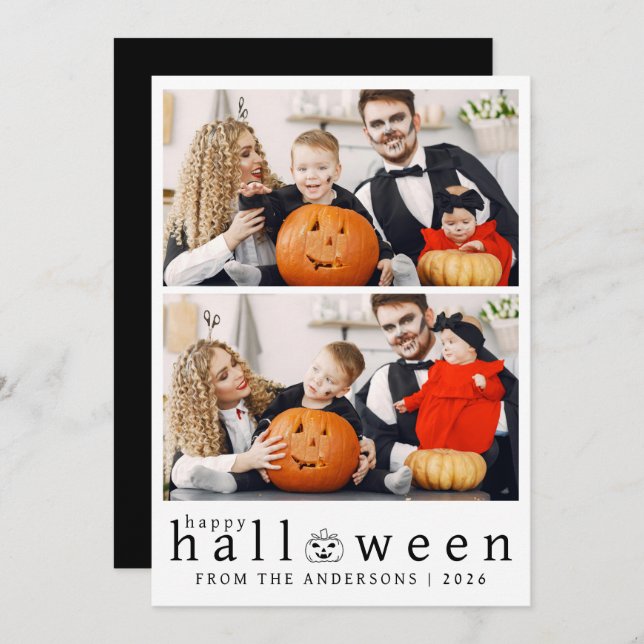 Minimalist Modern Spooky Happy Halloween 3 Photo Holiday Card (Front/Back)