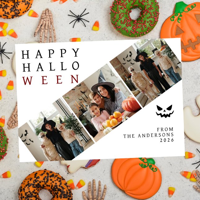 Minimalist Modern Spooky Happy Halloween 3 Photo Holiday Card (Creator Uploaded)