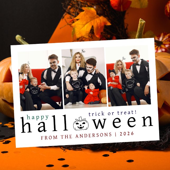 Minimalist Modern Spooky Happy Halloween 3 Photo Holiday Card (Creator Uploaded)
