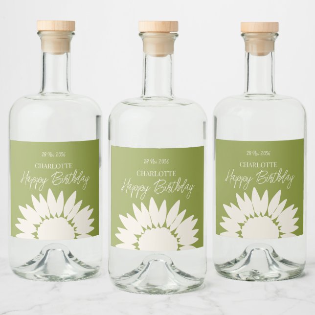  Minimalist Modern Sunflower Custom Happy Birthday Liquor Bottle Label (Bottles)