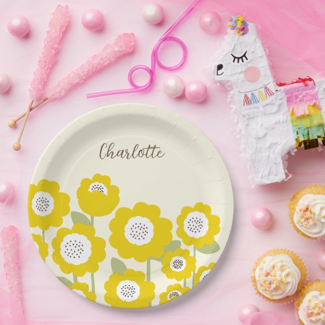 Minimalist Modern Sunflower Minimal Custom Name    Paper Plate (Party)