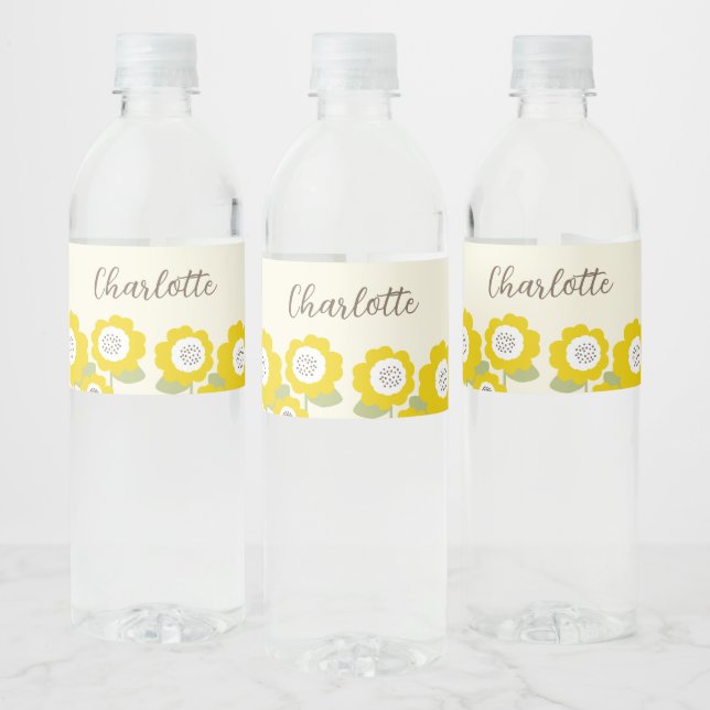 Minimalist Modern Sunflower Minimal Custom Name    Water Bottle Label (Bottles)