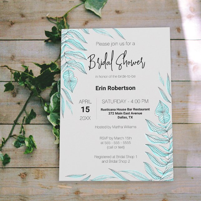 Minimalist Modern Teal Leaves Bridal Shower Invitation (Creator Uploaded)
