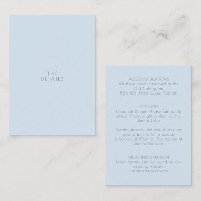 Minimalist Modern Typography Wedding Details Blue Enclosure Card (Front/Back)