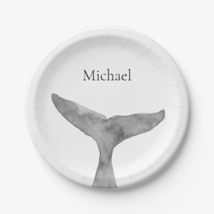 Minimalist Modern Watercolor Whale Fluke Paper Plate