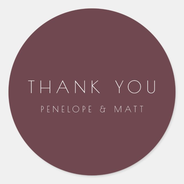 Minimalist Modern Wedding Thank You Burgundy Classic Round Sticker (Front)