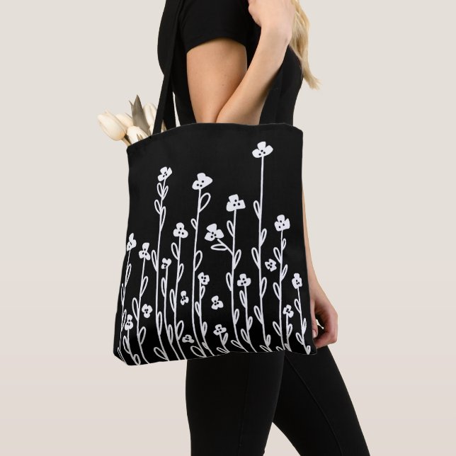 Minimalist modern white doodle floral tote bag (Close Up)