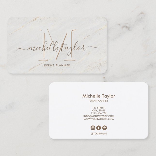 Minimalist modern white marble monogram signature business card (Front/Back)