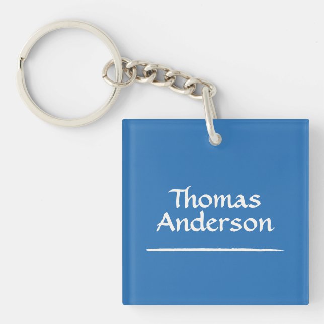 Minimalist Modern White on Blue Key Ring (Front)