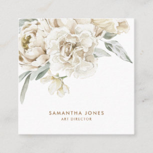 Minimalist Modern White Peonie Floral Watercolor Calling Card