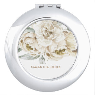Minimalist Modern White Peonie Floral Watercolor Compact Mirror