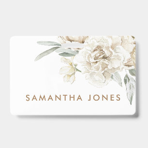 Minimalist Modern White Peonie Floral Watercolor ID Badge