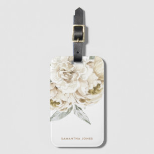 Minimalist Modern White Peonie Floral Watercolor Luggage Tag