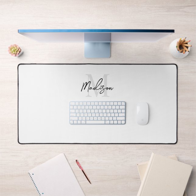Minimalist Modern White Script Monogram Name Desk Mat (Office 1)