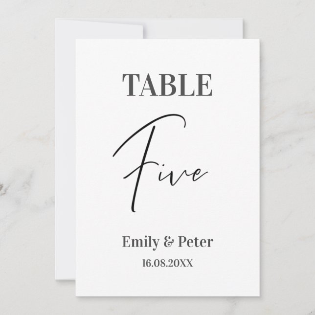 Minimalist Modern White WEDDING FIVE Table Number (Front)