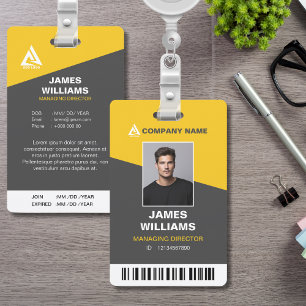 Minimalist Modern yellow & Dark Grey   Barcode ID ID Badge