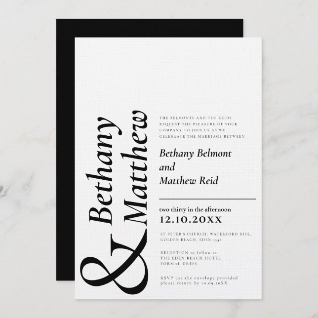 Minimalist mono black white graphic text wedding invitation (Front/Back)