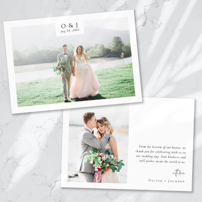 Minimalist Monogram 2 Photo Wedding Thank You Card (Creator Uploaded)
