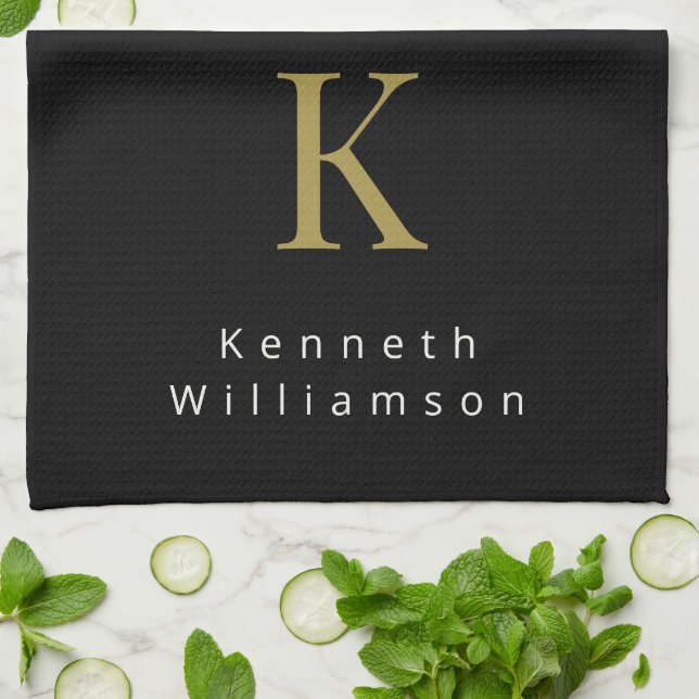  Minimalist Monogram Black Gold White Modern Men  Tea Towel (Folded)