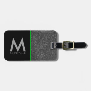 Minimalist Monogram Black Leather & Lime Green Luggage Tag