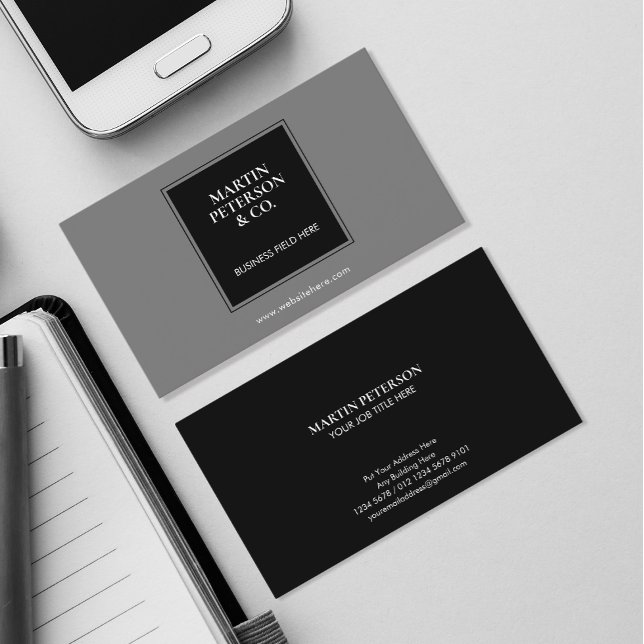 Minimalist Monogram | Black Square Frame on Grey Business Card (Creator Uploaded)