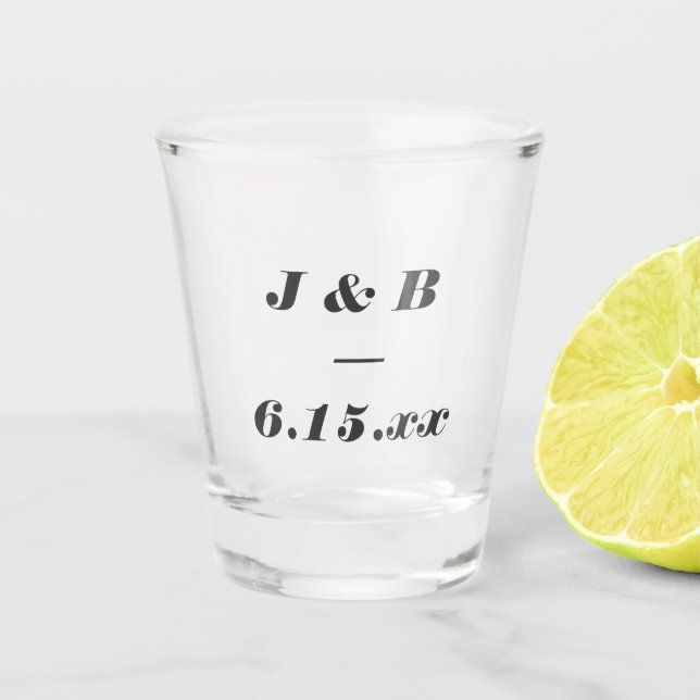 Minimalist Monogram Black Wedding Custom Favour Shot Glass (Front)