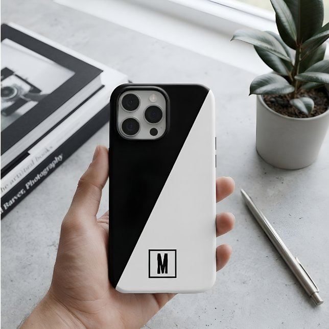 Minimalist Monogram Black & White Geometric Split Case-Mate iPhone Case (Creator Uploaded)