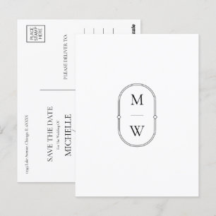 Minimalist Monogram Black & White Save the Date Postcard