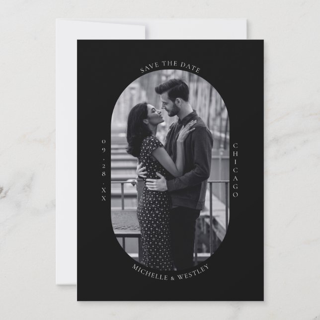 Minimalist Monogram Black & White Wedding Photo Save The Date (Back)