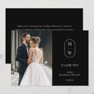 Minimalist Monogram Black & White Wedding Photo Thank You Card