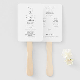 Minimalist Monogram Black & White Wedding Program Hand Fan