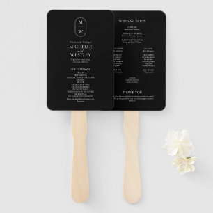 Minimalist Monogram Black & White Wedding Program Hand Fan