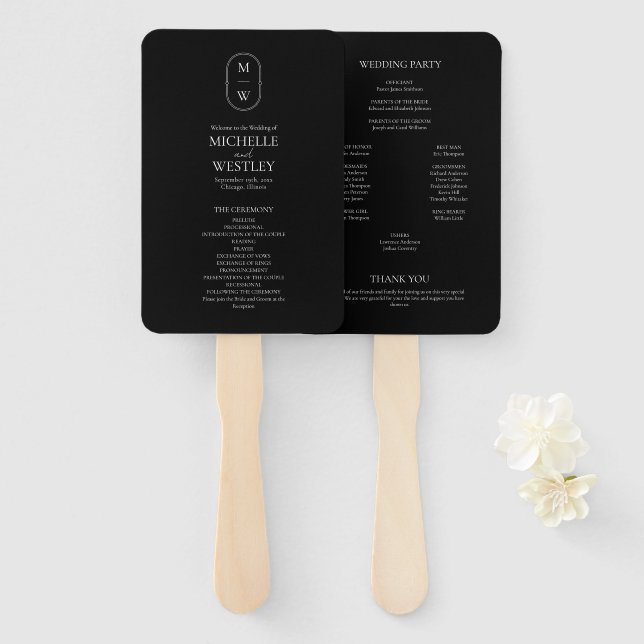 Minimalist Monogram Black & White Wedding Program Hand Fan (Front and Back)