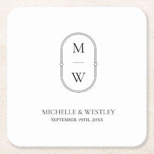 Minimalist Monogram Black & White Wedding Square Paper Coaster