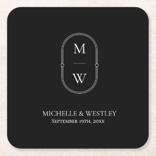 Minimalist Monogram Black & White Wedding Square Paper Coaster