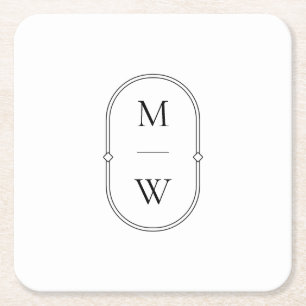 Minimalist Monogram Black & White Wedding Square Paper Coaster