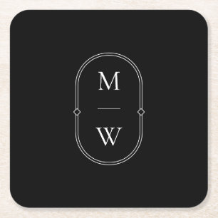 Minimalist Monogram Black & White Wedding Square Paper Coaster