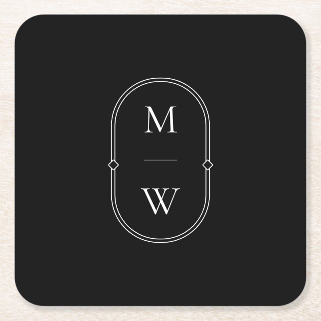 Minimalist Monogram Black & White Wedding Square Paper Coaster (Front)