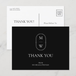 Minimalist Monogram Black White Wedding Thank You Postcard